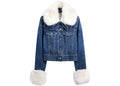 Gap x Sandy Liang Women's Vegan Fur Crop Denim Jacket Starry Eye Blue